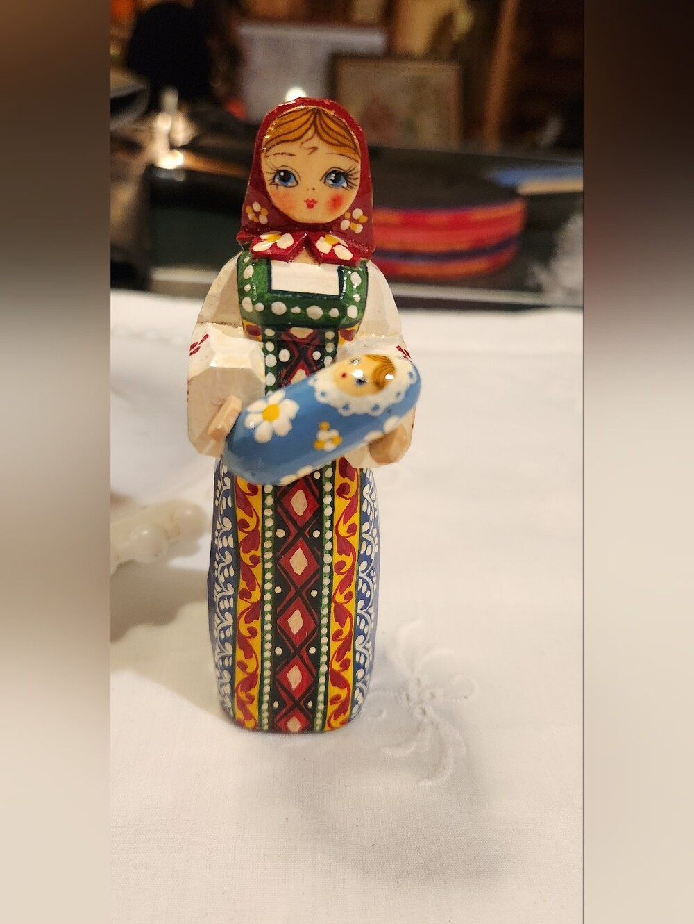 Hand-Painted Matryoshka Style Figurine in Red, Green, Blue